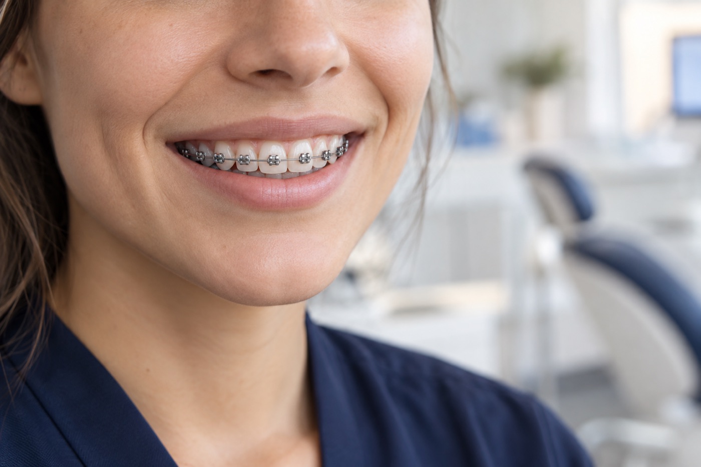 Dettaglio di un sorriso con apparecchio ortodontico fisso.